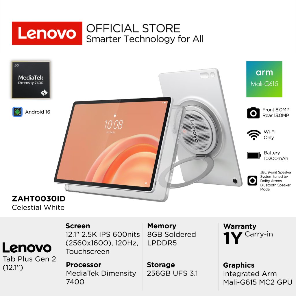 Lenovo Tablet Tab Plus Gen 2 MediaTek Dimensity 7400, Integrated Arm Mali-G615 MC2 GPU, RAM 8GB, Storage 256GB, 12.1" 2.5K 120Hz Touch, Android 16, USB Type-C, Speaker JBL, Include Clear Case Transparan, Touchscreen 12 inch ZAHT0030ID Celestial White