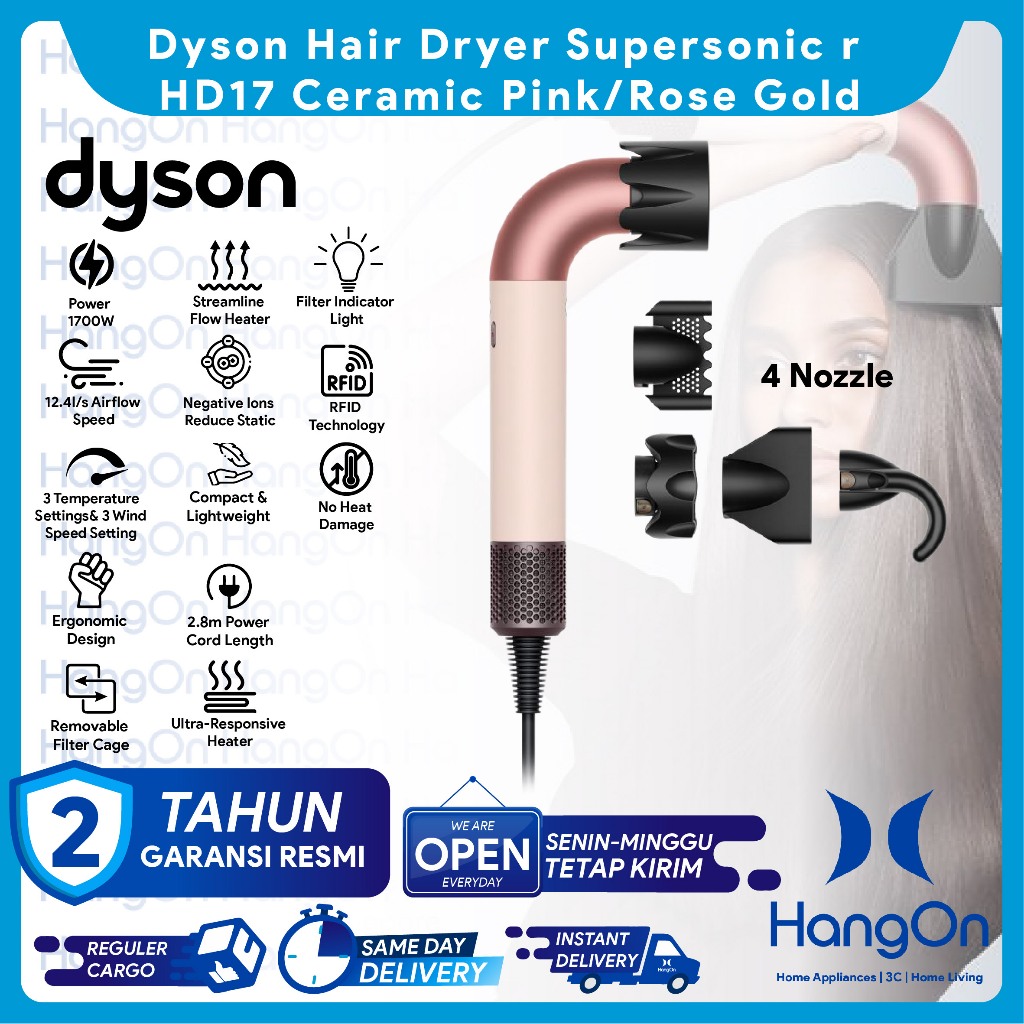 Jual Dyson Supersonic r HD17 (Ceramic Pink/Rose Gold) Hair Dryer Pengering Rambut Paling Kuat Ringan Attachment Cerdas Negative Ions Reduce Static Mengurangi Rambut Kusut RFID Technology 12.4l/s Airflow Speed 1700W Hairdryer with Filter Indicator Light HD