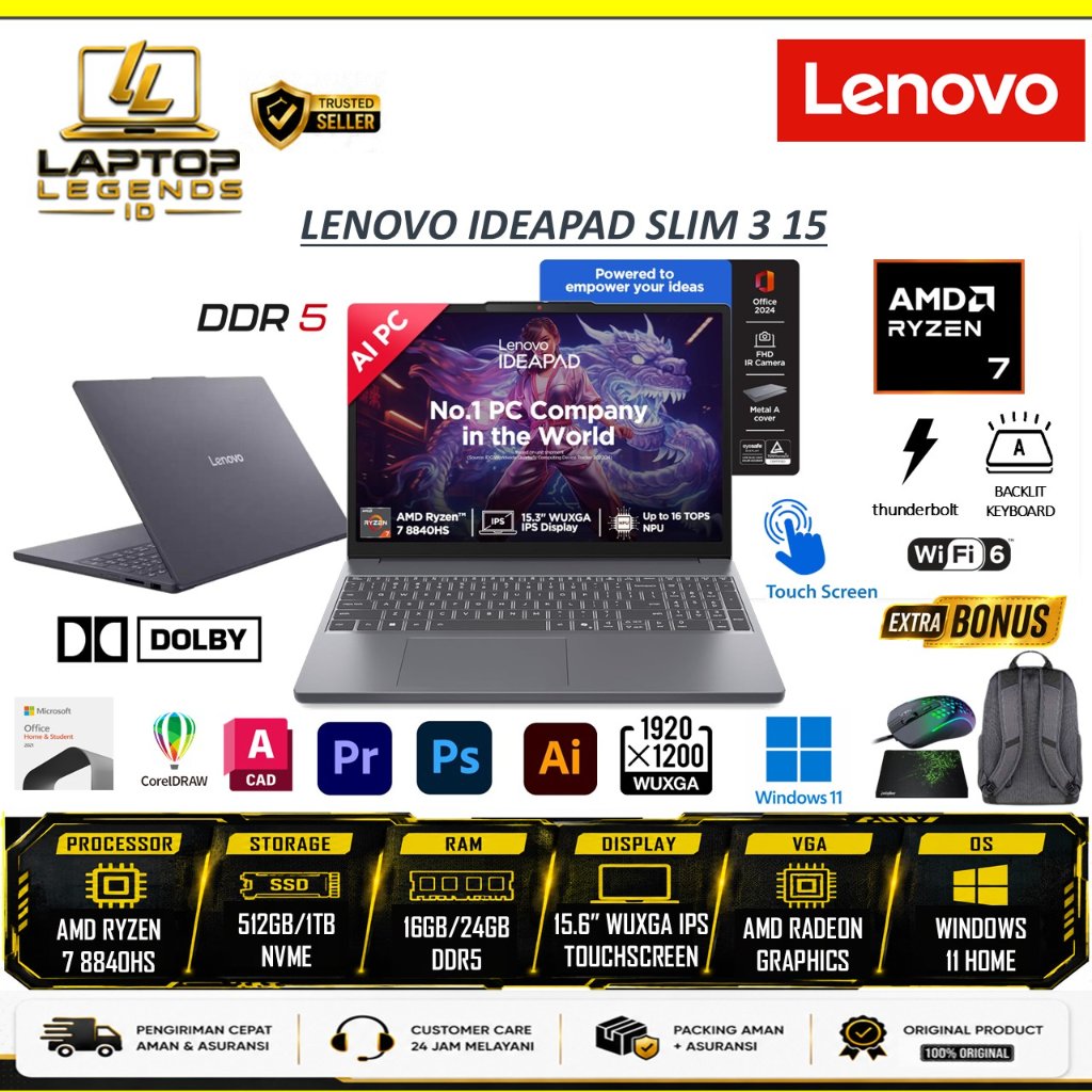Lenovo Ideapad Slim 3 15 AMD RYZEN 7 8840HS DDR5 16GB 1TB SSD WUXGA IPS TouchScreen Windows 11 Home