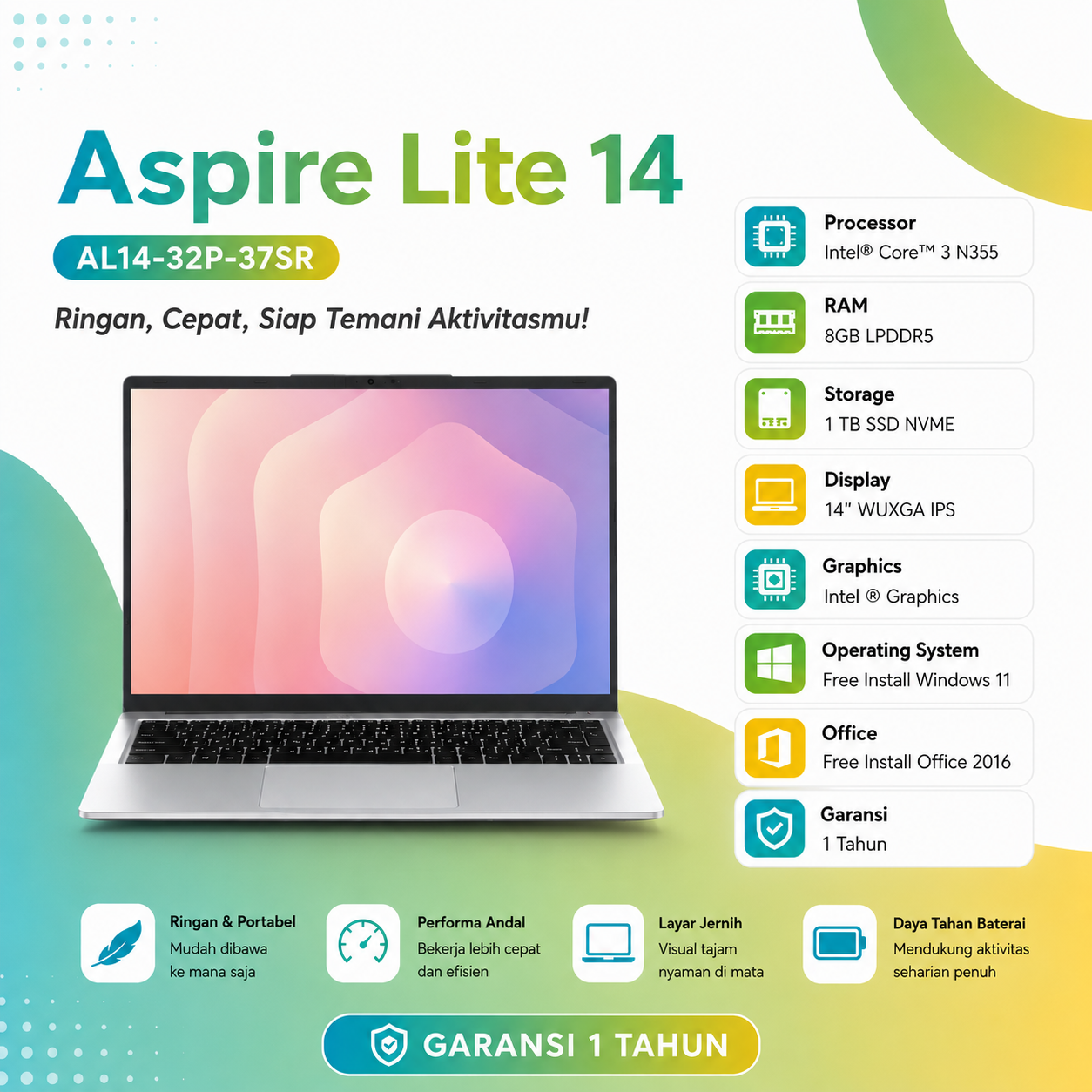 Acer Core 3 Terbaru - Core 3 N355 - 8GB - 1TB SSD - Intel Graphics - 14" WUXGA IPS - Light Silver - Garansi 1 Tahun - Acer Aspire Lite 14 AL14-32p-37SR