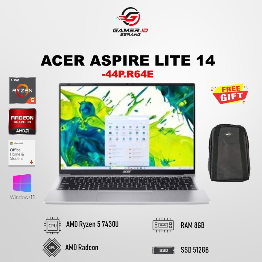 Laptop Acer Aspire Lite 14 AL14 -44P.R64E AMD Ryzen 5 7430U RAM 8GB SSD 512GB - Windows 11 + OHS + M365B - Layar 14.5WUXGA IPS - Garansi Resmi