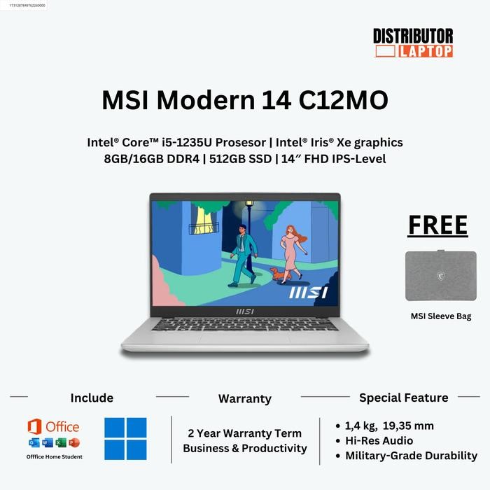 Pilihan- Msi Modern 14 C12Mo I5-1235U Iris Xe 8Gb / 16Gb 512Gb 14 Ips Srgb W11