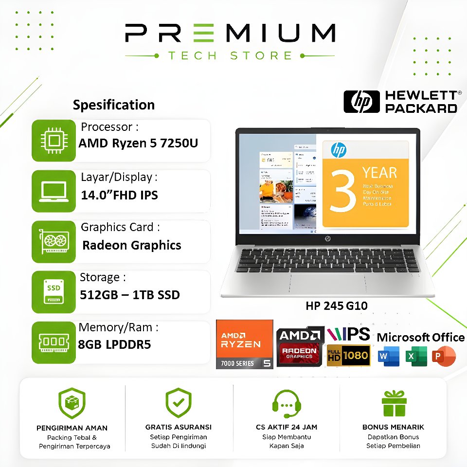 Laptop Baru HP 245 G10 AMD Ryzen 5 7520U 8GB DDR5 512GB FHD IPS Windows 11