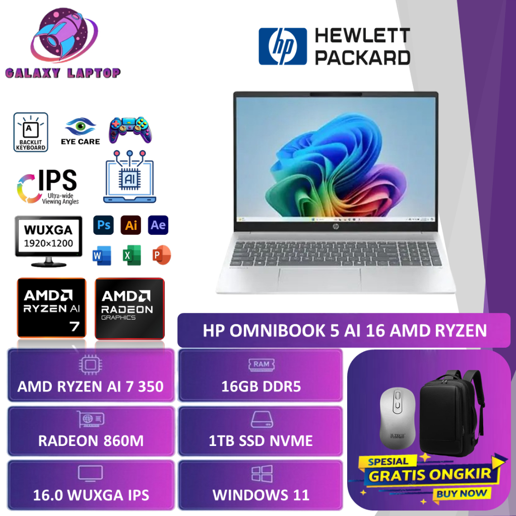 PROMO Laptop HP Omnibook 5 16 Amd Ryzen AI 7 350 16GB DDR5 1TB SSD 16 Inch WUXGA IPS Win 11 Home