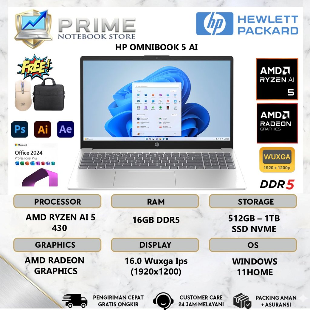 Laptop HP Omnibook 5 16 Amd Ryzen AI 5 430 16GB DDR5 1TB SSD 16 Inch WUXGA IPS Win 11 Home