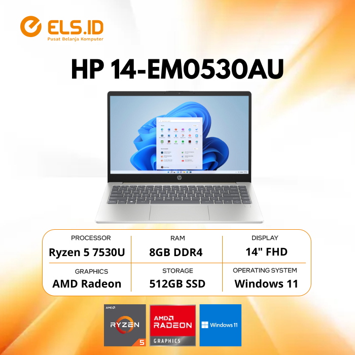 HP 14 EM0530AU/EM0531AU Ryzen 5 7530U 8GB SSD 512GB 14" FHD W11+OH2024+M365