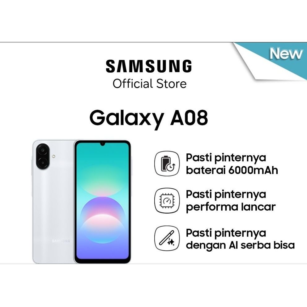 Samsung Galaxy A08 Smartphone warna putih dengan baterai 6000mAh