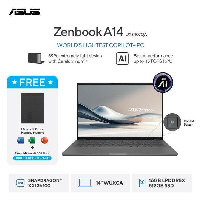 ASUS Zenbook A14 UX3407QA-[Snapdragon X X1 26 100-Qualcomm Adreno GPU-16GB-512 GB-14inch-WIN11+OHS+M365
