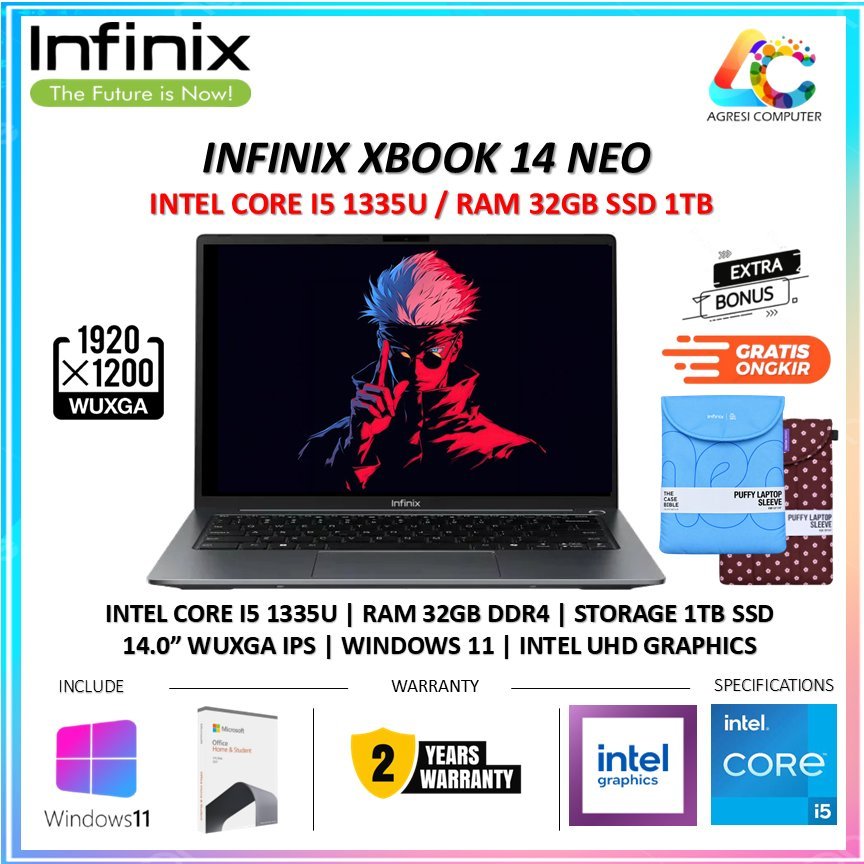 Laptop INFINIX XBOOK 14 NEO Intel Core I5 1335 RAM 32GB SSD 1TB Win11+OHS 14.0" WUXGA IPS