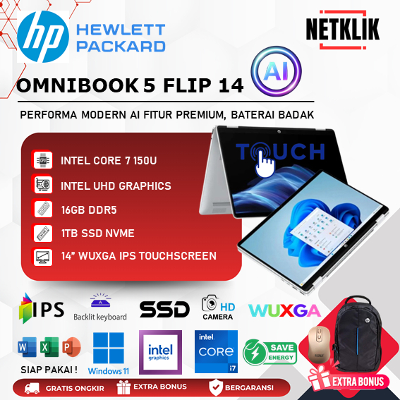 LAPTOP KANTOR HP OMNIBOOK 5 FLIP 14 - Intel Core 7 150U - 16GB DDR5 1TB SSD - 14.0 inch IPS Touchscreen WIN11