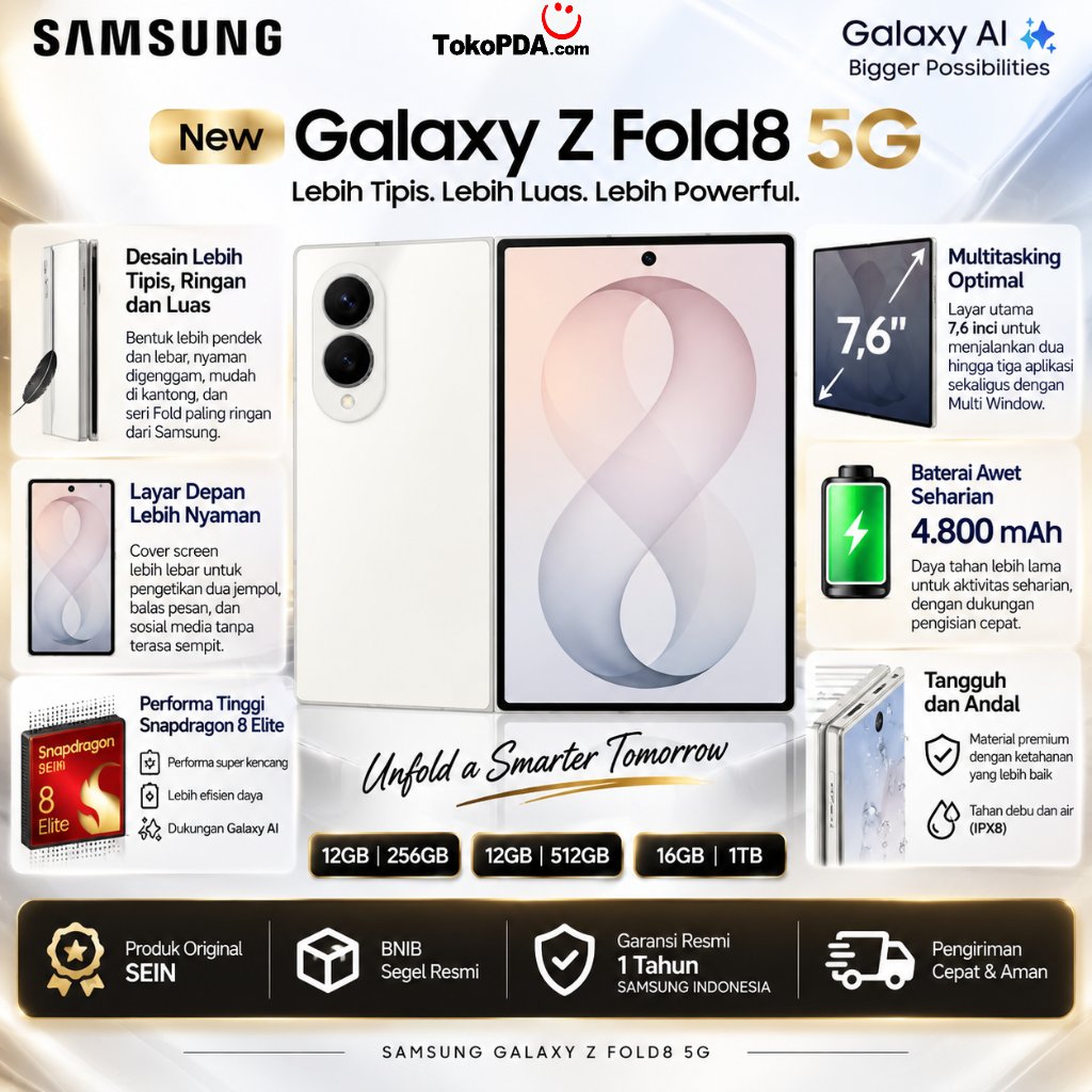 Samsung Galaxy Z Fold8 Fold 8 5G SM-F971B 12GB/256GB 512GB 16GB/1TB Original Garansi SEIN 1 Tahun BNIB Segel No Repack Galaxy Z Fold 8 Fold8 HP Android Flagship