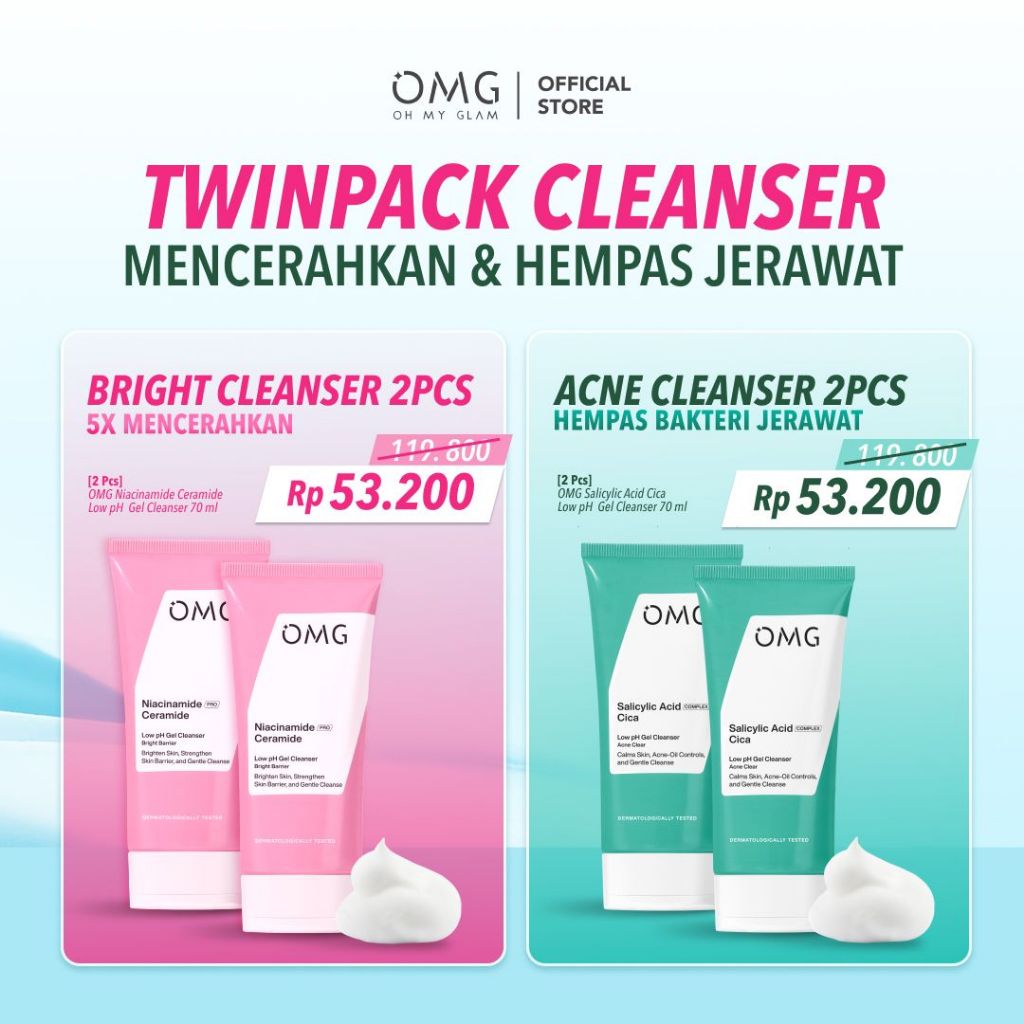 [TWINPACK] OMG OH MY GLOW 2 Pcs Facewash Gel Cleanser - Bright & Acne Kit - Niacinamide Ceramide - Salicylic Acid Cica  - Low pH Gel Cleanser 70 ml