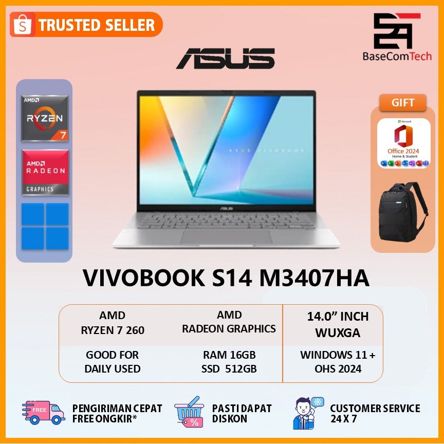 Laptop Asus Vivobook S14 OLED M3407HA | AMD Ryzen 7 260 | RAM 16GB SSD 512GB W11+OHS+M365B | 14.0 Inch WUXGA GRY 3Y -OLED7151M