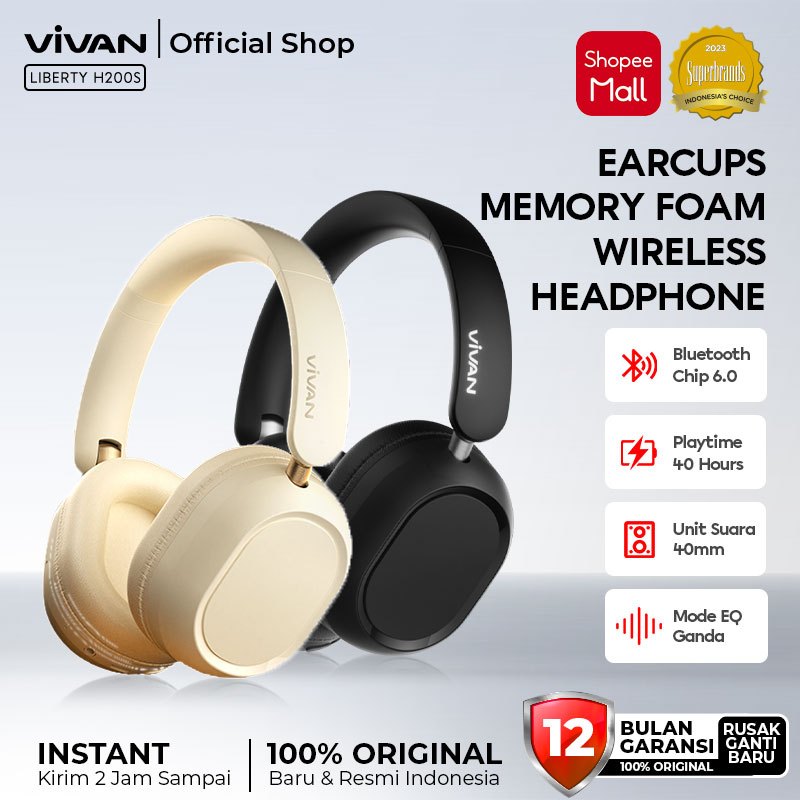 VIVAN Headphone Bluetooth 6.0 Wireless Liberty H200S HiFi Sound Dual EQ Extra Bass 40mm Speaker Playtime 40 Hours Garansi Resmi 1 Tahun