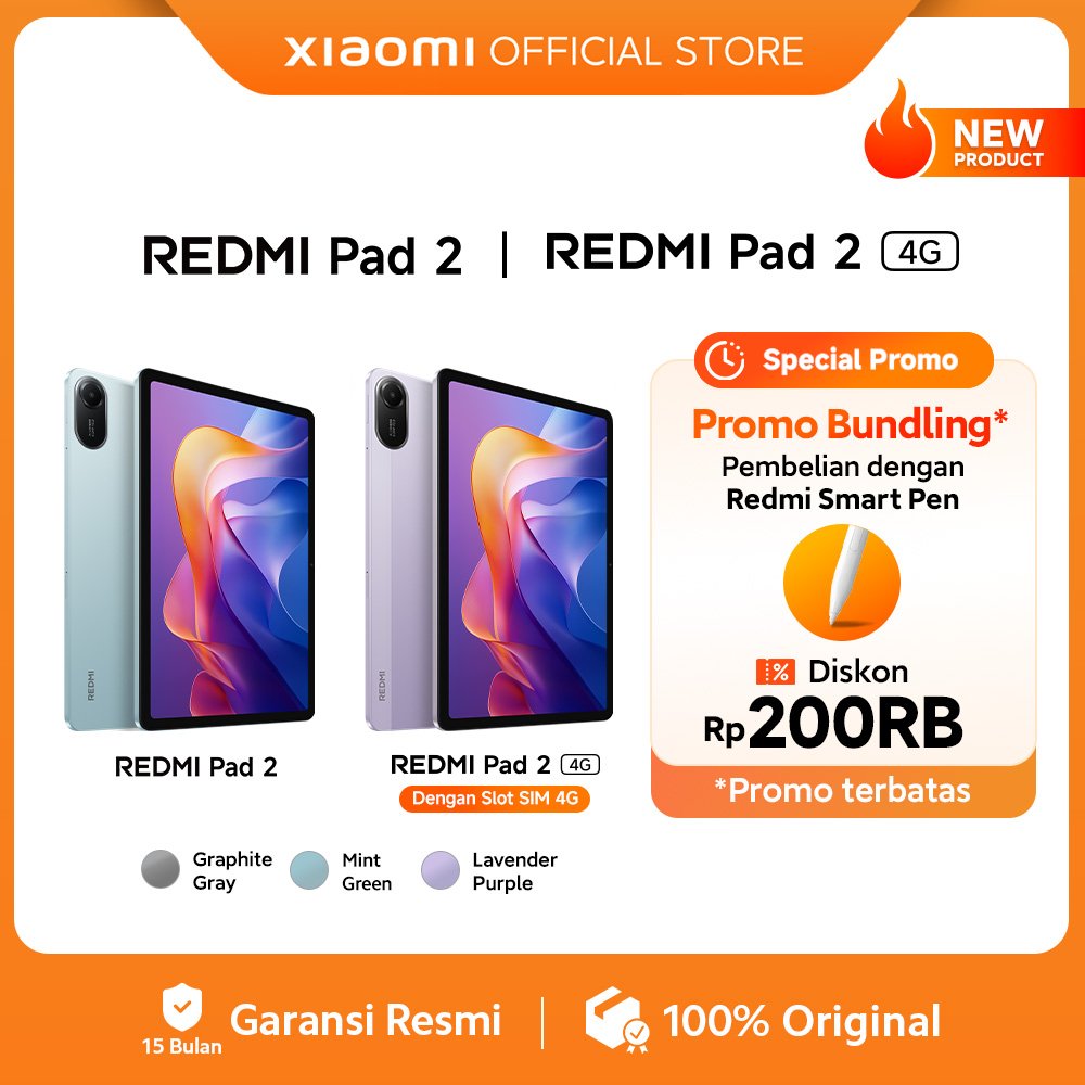 Redmi Pad 2 | Redmi Pad 2 4G (4GB/256GB)  SIM Card | Redmi Pad 2 (4/128G) Wi-Fi Only | 11" 2.5K Layar Super-jernih | Baterai jumbo 9000mAh (typ) | Helio G100-Ultra | 4 Speaker didukung Dolby Atmos® [Xiaomi Official Store]