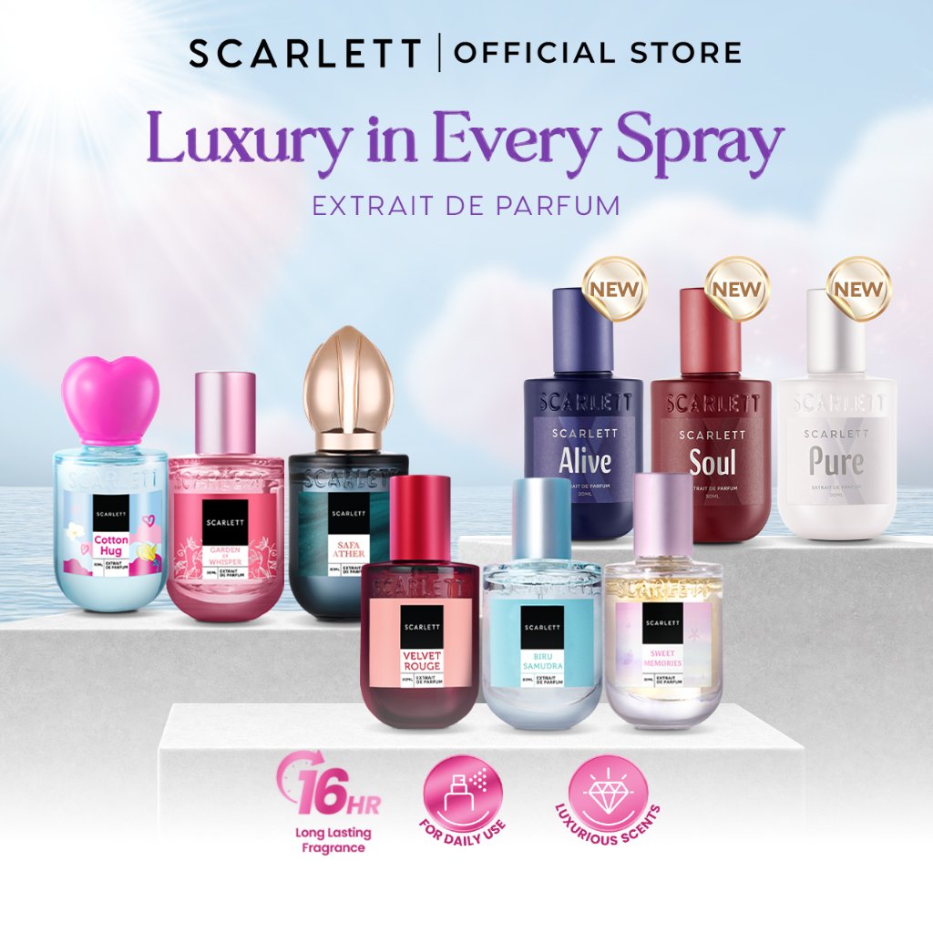 Scarlett Whitening Eau De Parfum 30ml - Parfum Wangi Soft Tahan Lama Best Seller - Dreamy / Sweet Memories / Euphoria / Velvet Rouge / Biru Samudra / Banana Fusion / Caramel Latte / Garden of Whisper / Jolly / Wanita / Pria