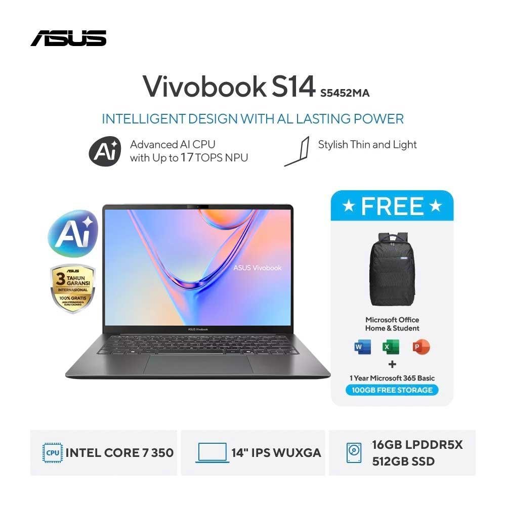Jual Asus Vivobook S14 S5452MA IPS [Intel Core 7 350|RAM 16GB|SSD 512GB|Win11|OHS24+365] | Shopee Indonesia