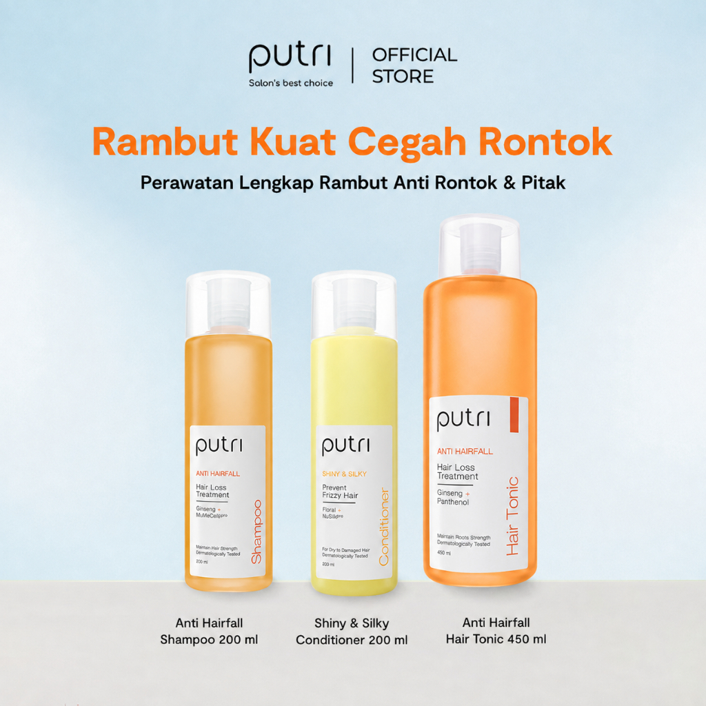 [3IN1 ANTI RONTOK] Putri Anti Hairfall Shampoo dan Hair Tonic, Shiny & Silky Conditioner | Hair Care Wangi Tahan Lama | Hair Care Anti Rontok | Dengan Ekstrak Ginseng | Atasi Rambut Rontok & Rusak | Hair Care Lokal BPOM