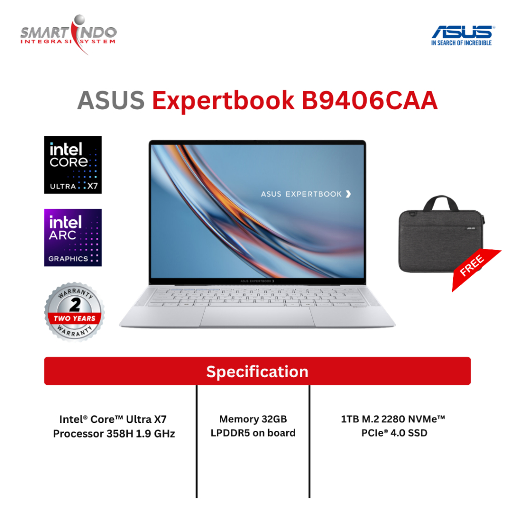 Asus ExpertBook B9406CAA Ultra X7 358H, 32GB, 1TB SSD,WF+BT, WIN 11, 2yr, Sleeve Bag