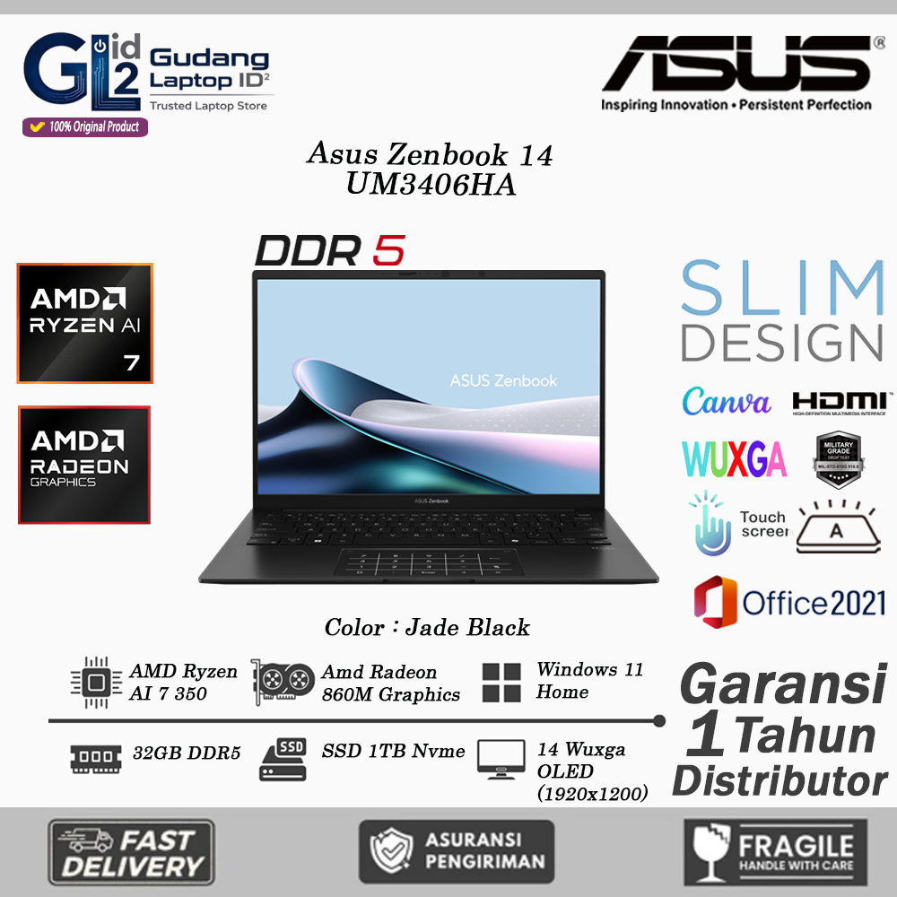 Laptop Asus Zenbook 14 UM3406KA OLED AMD RYZEN AI 7 350 32GB DDR5 2TB 14.0 WUXGA TOUCH BL WIN11HOME