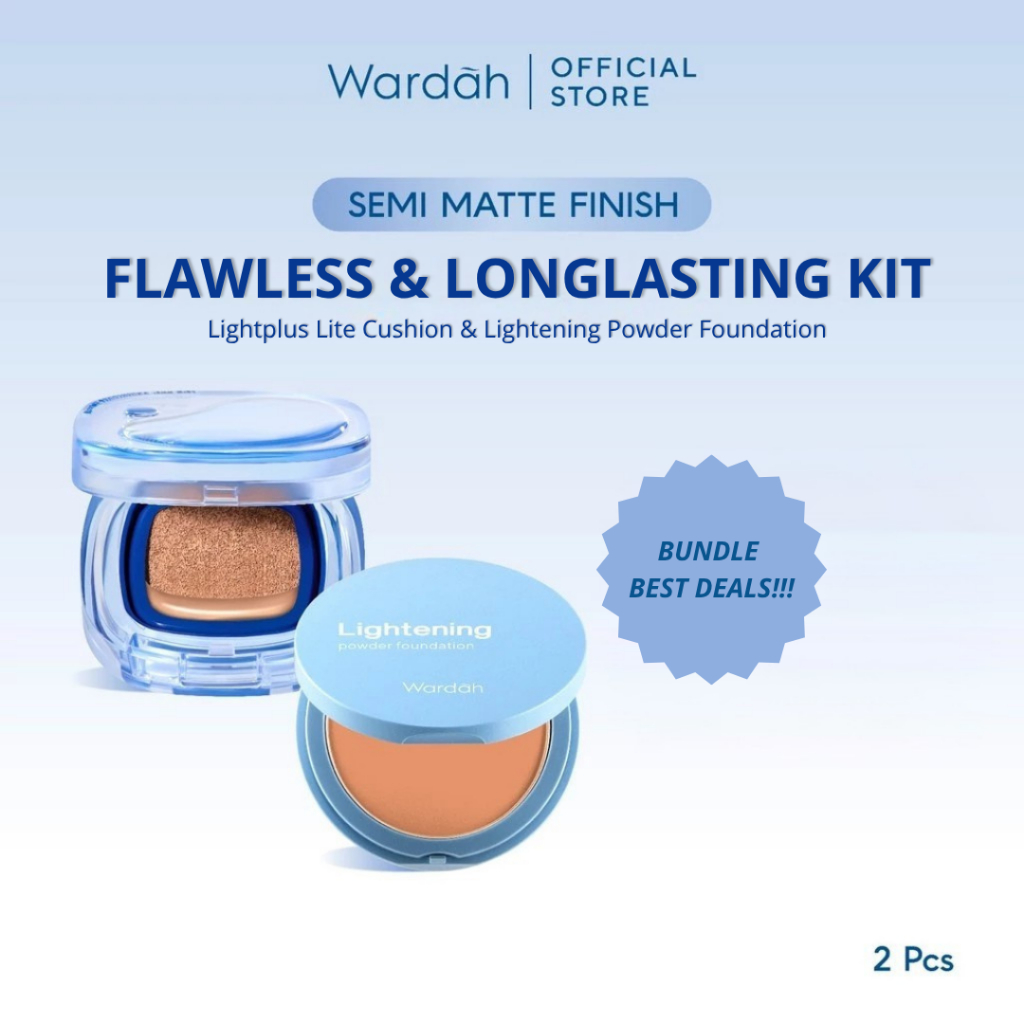 Wardah Lightplus Paket Flawless Tahan Lama - Noda Tertutup Seharian, Anti Longsor, Medium Coverage, Flawless, Long Lasting, Lightening - Lite Skin Filter Cushion, TWC Powder Foundation Light Feel - Makeup