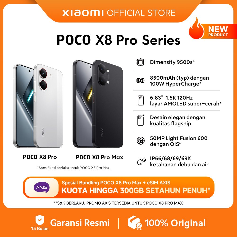 POCO X8 Pro Series | POCO X8 Pro Max (12GB/512GB)  (12GB+256GB) | POCO X8 Pro (12GB+512GB) (8GB+512GB) (8GB+256GB) | Dimensity 9500s* | 8500mAh (typ) battery dengan 100W HyperCharge* | HP Gaming [Xiaomi Official Store]