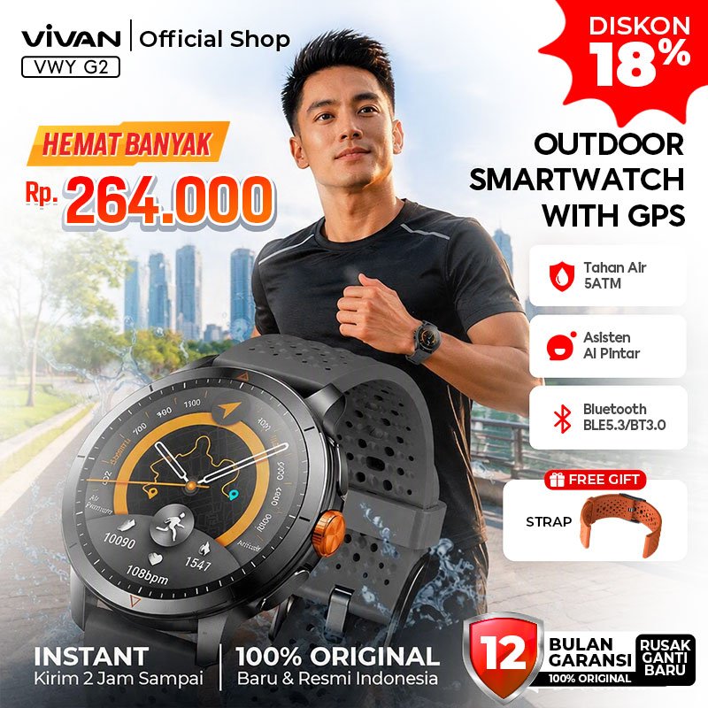 [FREE STRAP] VIVAN VWY G2 Outdoor Smartwatch AMOLED 1.6" GPS Navigation Waterproof 5ATM AI ChatGPT Memori 1GB Battery Up To 45 Days Tahan Air Garansi 12 Bulan