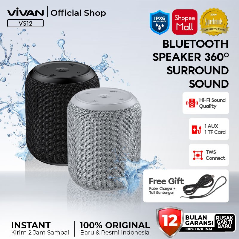 VIVAN Speaker Bluetooth VS12 Portable Hi-fi Sound Mega Bass IPX6 TWS BT 5.0 Surround Sound 360° Garansi 12 Bulan