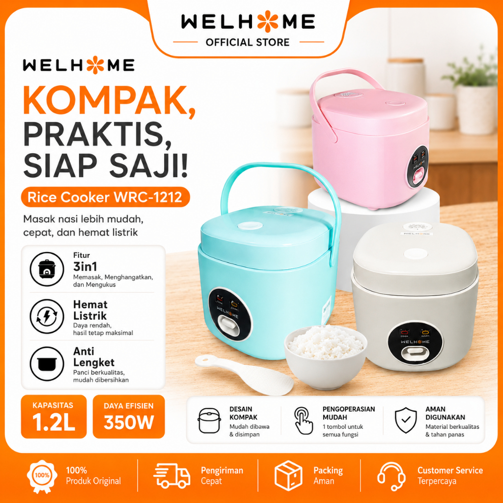 WELHOME Rice Cooker 1.2L Magic Com Mini Portable Penanak Nasi Multifungsi Magic Warmer Steamer 350Watt WRC 1212
