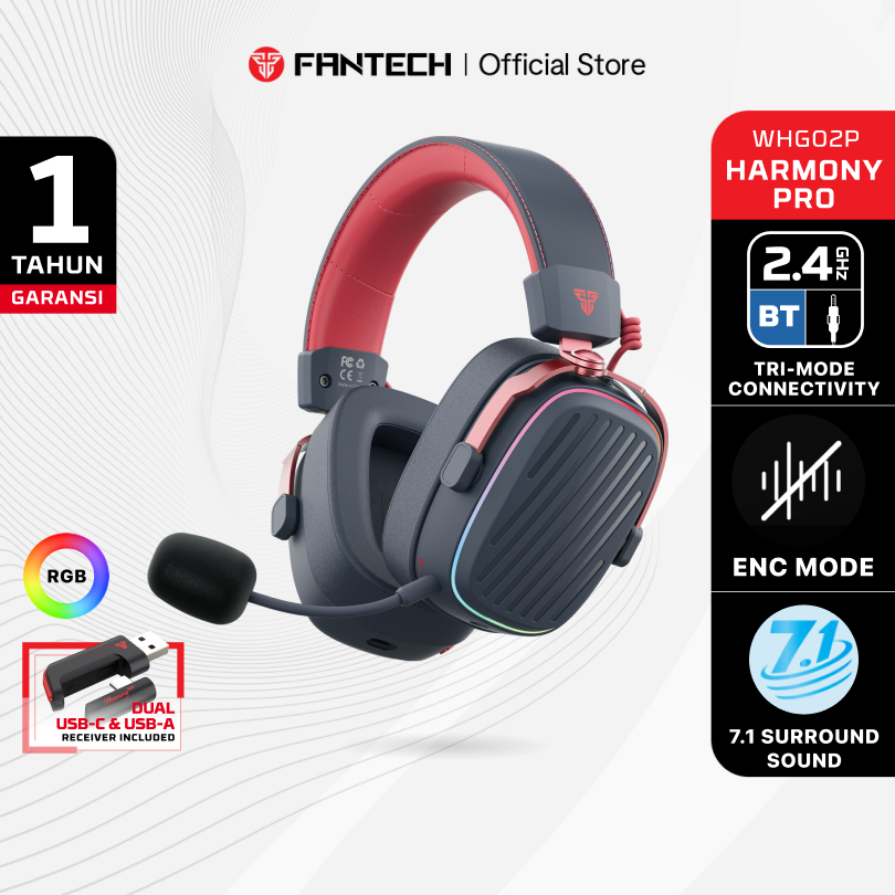 Fantech HARMONY PRO WHG02P Virtual 7.1 Headset Gaming 3 Connections Wireless Bluetooth Dongle 2.4ghz Wired Headphone Noise Cancelling