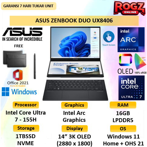 Jual ASUS Zenbook DUO (2024) UX8406 ULTRA 7 155H 16GB 1TBSSD Windows 11 + OHS 14.0" 3K + FHD 120Hz Touch | Shopee Indonesia