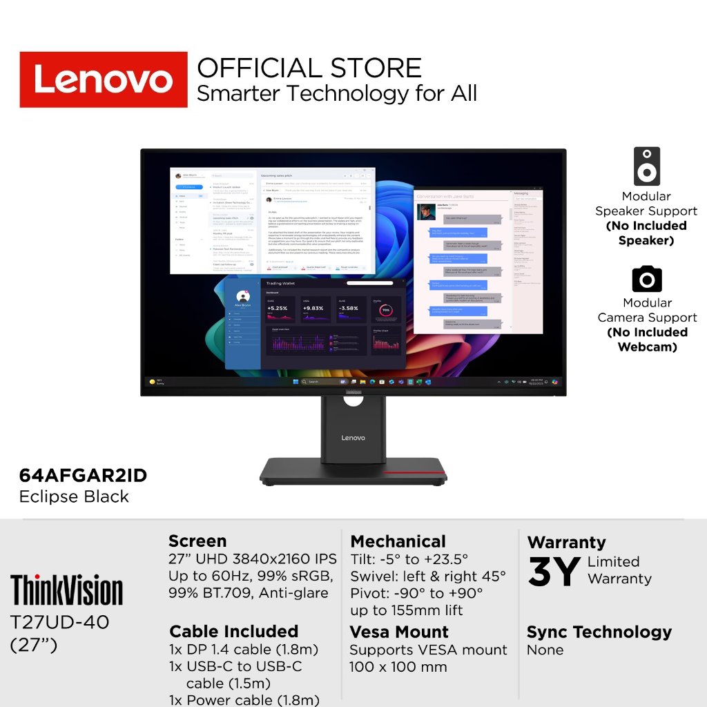 Lenovo Monitor ThinkVision T27UD-40 - 27 inch 4K UHD IPS Up to 60Hz 99% sRGB 99% BT.709 WLED Anti-glare Support Modular Speaker Webcam VESA Tilt Swivel Pivot Height Stand USB Type-C 100W PD HDMI DisplayPort / DP 64AFGAR2ID Eclipse Black Garansi Resmi