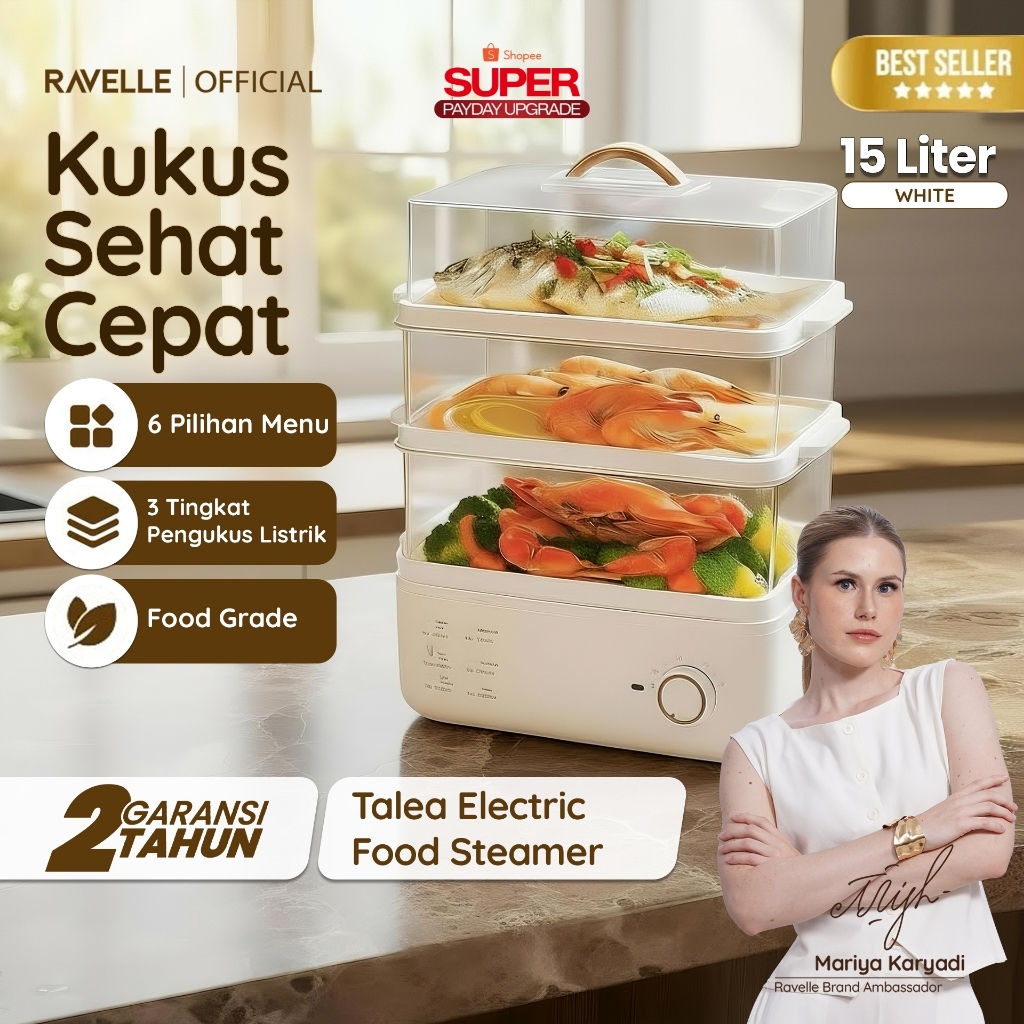 RAVELLE - Electric Food Steamer 15L Kukusan Listrik 3 Susun 800W Food Grade PC Transparan Multifungsi BPA Free