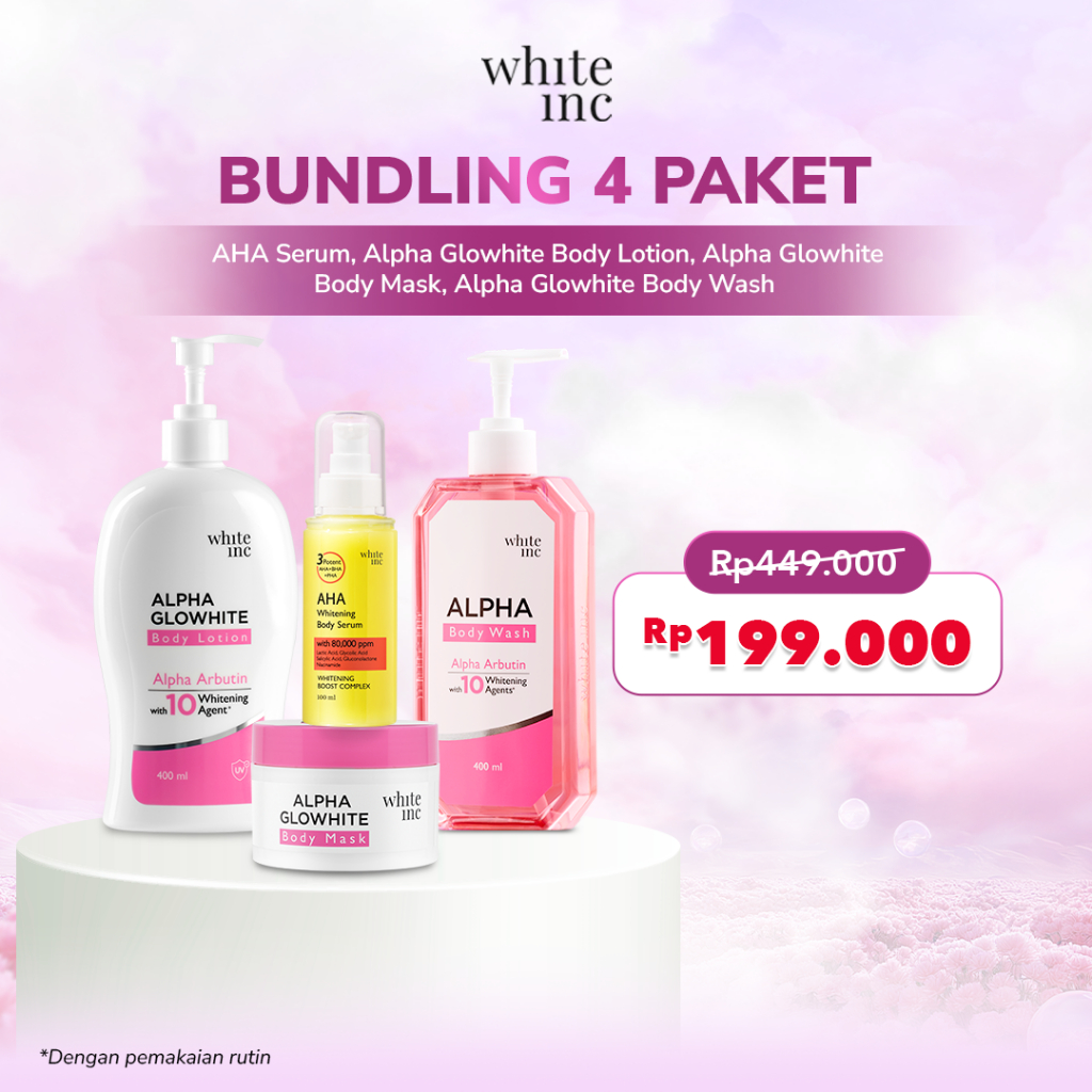 [BUNDLING 4] WHITE INC Alpha Glowhite PDRN Glucowhite TranexHya Body Lotion + AHA Body Serum + Alpha Glowhite Body Mask + Alpha Glowhite Body Wash