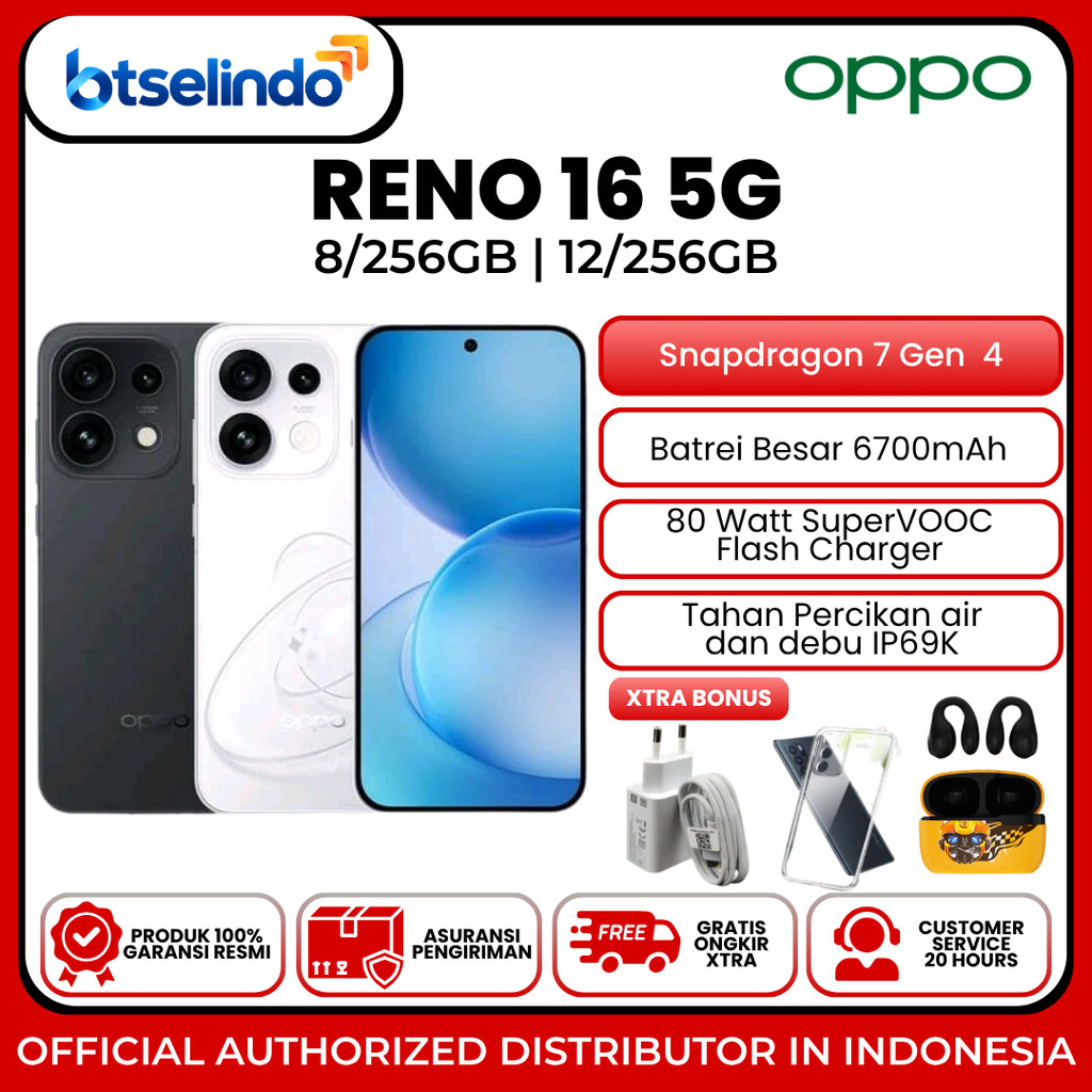 OPPO Reno16 5G 8/256GB - Snapdragon7 Gen 4 Prosesor Tahan Debu dan Percikan Air IP69K