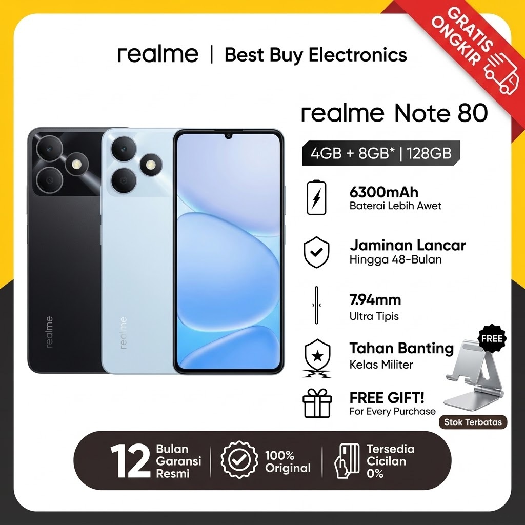 Garansi Resmi realme Indonesia Realme Note 80 4/128GB Baterai 6300mAh Layar 90Hz IP54 Tahan Debu Air