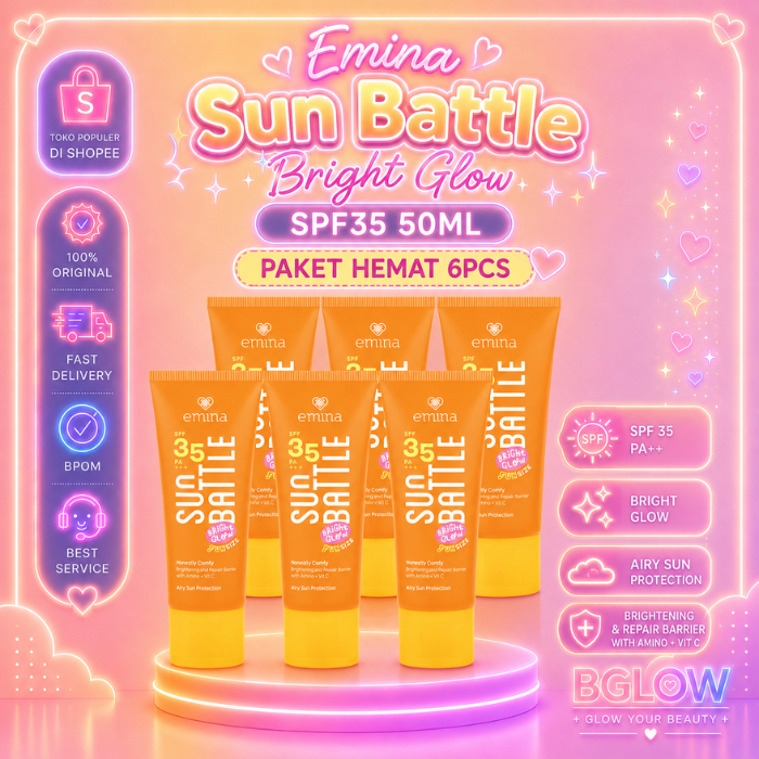[ISI 6] EMINA SUN BATTLE BRIGHT GLOW SPF35 50ML [PAKET USAHA / GROSIR ] sunscreen BGLOW BEAUTYGLOWING