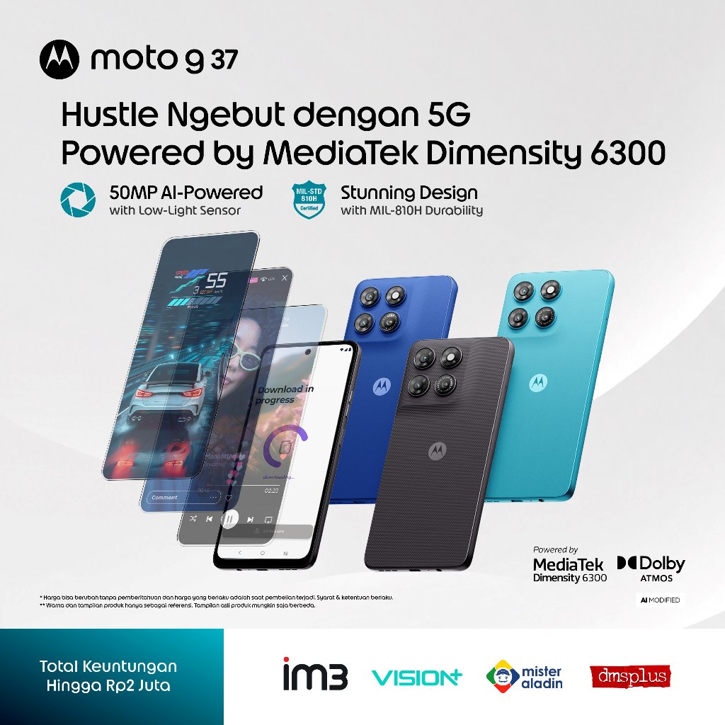 Jual Motorola G37 - Most Affordable 5G Dimensity 6300 - 50MP Quad Pixel AI Camera 2-in-1 Light Sensor - MIL-810H + GG7i + IP64 - Dolby Atmos Stereo - RAMBoost up to 12GB - MicroSD Slot up to 1TB | Shopee Indonesia