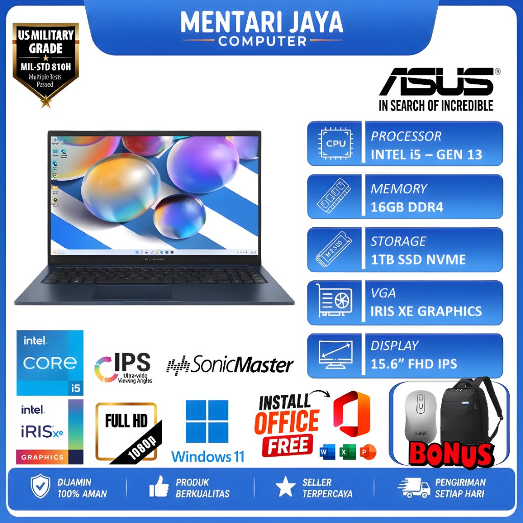 LAPTOP ASUS VIVOBOOK 15 X1504VA I5 1335U GEN 13 16GB RAM 1TB SSD 15.6 FHD WIN11 BLUE