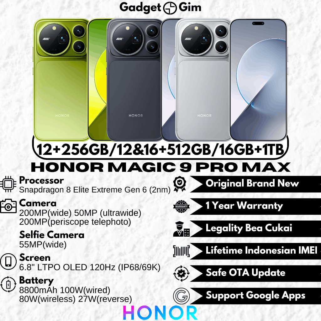 Jual Honor Magic9 Pro Max / Honor Magic 9 Pro Max 5G 16GB 1TB Snapdragon 8 Elite Extreme Gen 6 200MP 120Hz 8800mAh 100W IP68/69K BNIB Bergaransi Original | Shopee Indonesia