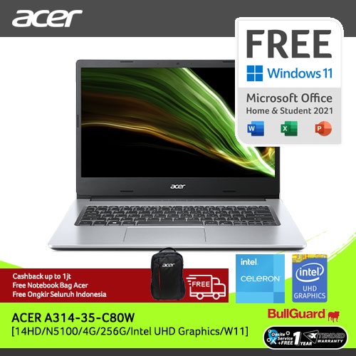 Jual ACER LAPTOP ASPIRE 3 SLIM A314-35-C80W 14"HD INTEL CELERON N5100 RAM 4GB STORAGE 256GB SSD GRAPHICS INTEL UHD WINDOWS 11 | Shopee Indonesia