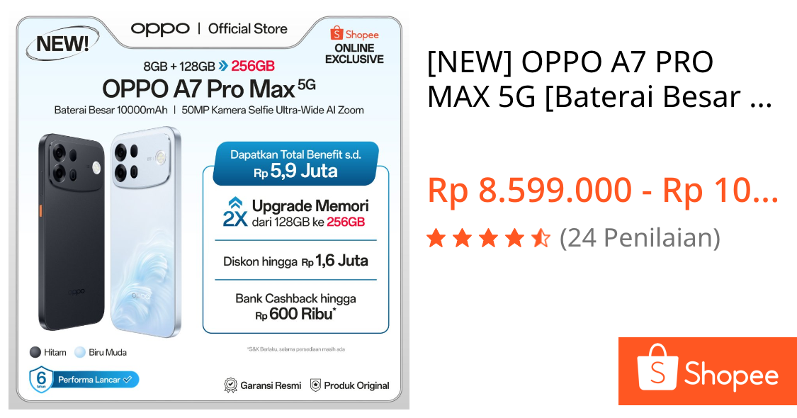 Jual [NEW] OPPO A7 PRO MAX 5G [Baterai Besar 10000mAh, 50MP Kamera Selfie Ultra-Wide AI Zoom, SUPERVOOC 80W, Reverse Wire Charging 27W] | Shopee Indonesia
