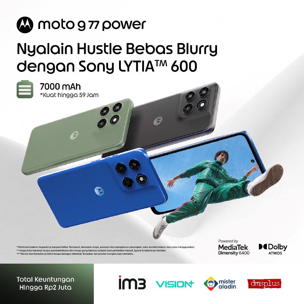 Jual Motorola G77 Power - 5G Chipset Dimensity 6400 - 50MP SONY LYTIA 600 AI Camera + 8MP Ultrawide - 32MP Selfie - 7000mAh Battery - Dolby Atmos Stereo - RAMBoost up to 12GB - MicroSD Slot up to 1TB | Shopee Indonesia