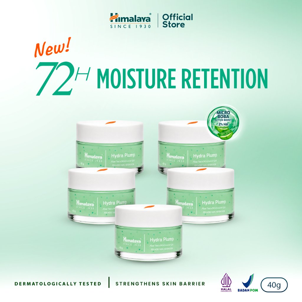 (Bundle Isi 5) HIMALAYA HYDRA PLUMP ALOE VERA MOISTURIZER GEL 40g | Micro Boba Active Boost Technology | Untuk Kulit Kering | Membantu Menghidrasi Kulit Kering, Mempertahankan Kelembapan Hingga 72 Jam, Mencerahkan Kulit, dan Memperkuat Skin Barrier