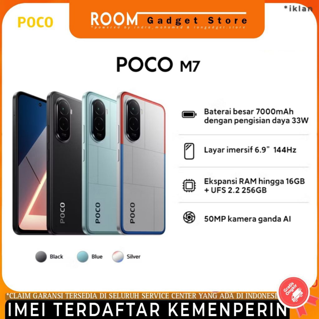 POCO M7 (8GB/256GB) Baterai besar 7000mAh dengan pengisian daya 33W