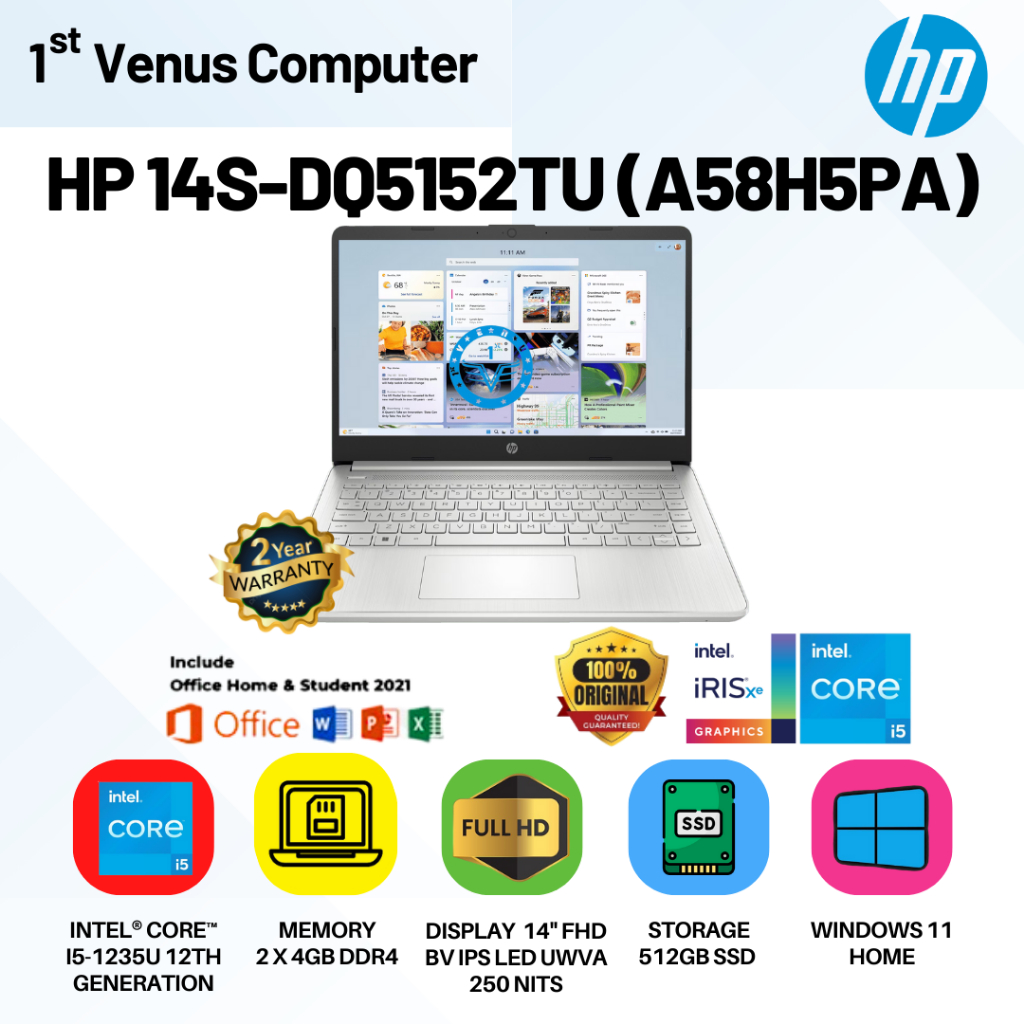 Jual Laptop HP 14S DQ5152TU Core i5 1235U 8GB 512SSD W11+OHS 14.0 FHD IPS - HARGA TERBAIK Garansi Resmi | Shopee Indonesia