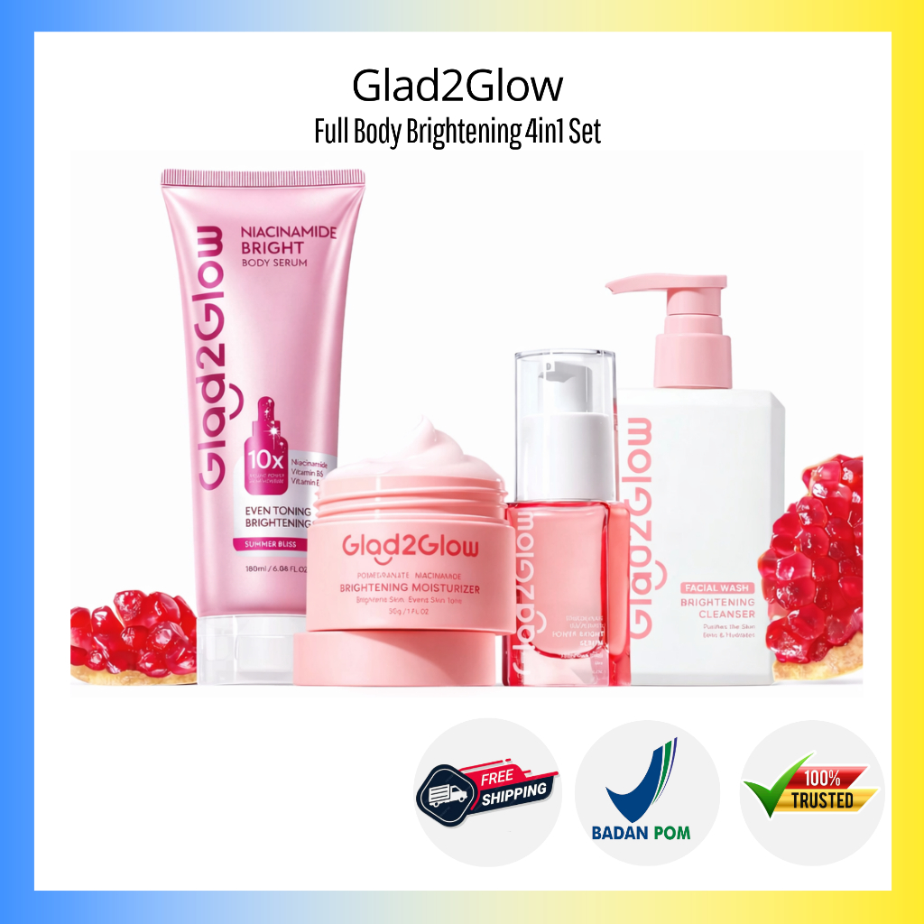 Glad2glow All in One Glow Face & Body Care - 4in1 Set Brightening - Niacinamide Bright Body Serum Body lotion - Pomegarante Serum Moisturizer - Amino Acid Cleanser