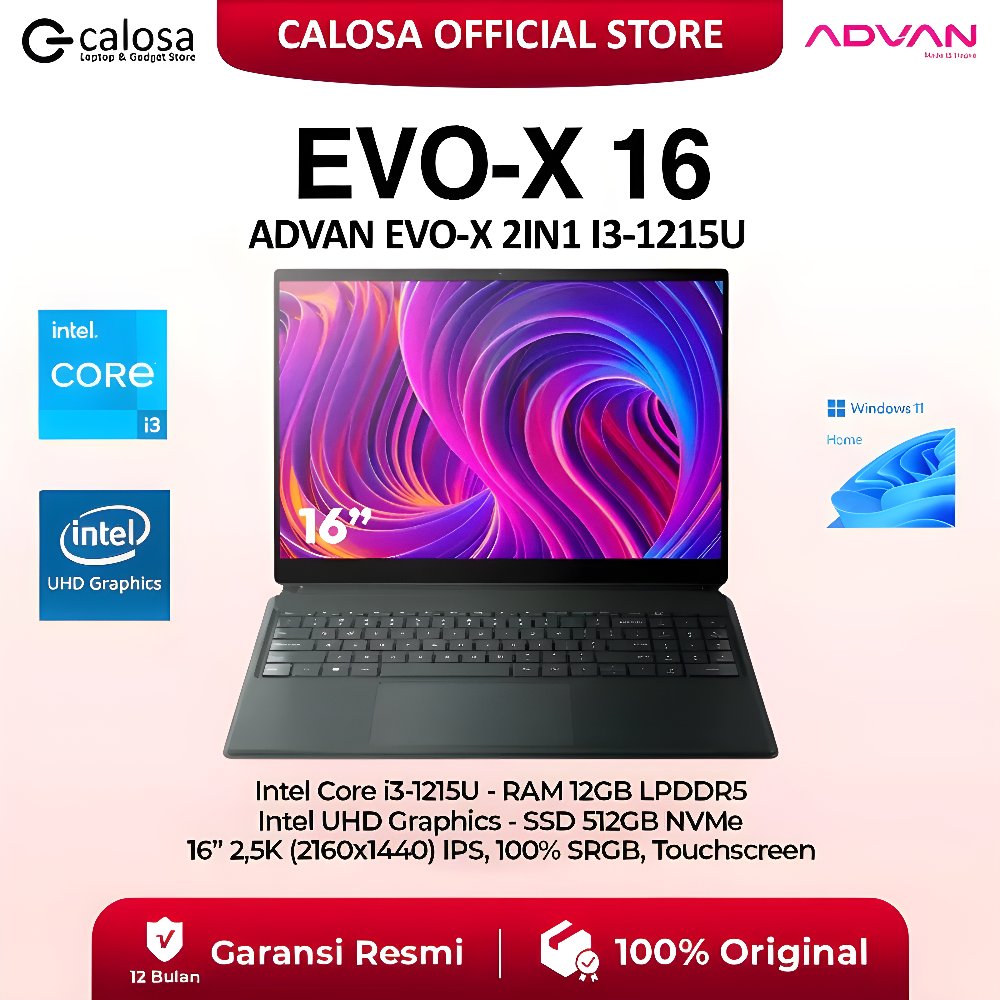 Laptop Advan Evo-X 16 2in1 Intel i3-1215U RAM 12GB SSD 512GB 16 Inch 2.5K 100% SRGB Touchscreen Evo X Windows 11 Original Bergaransi Resmi Rekomendasi Multitasking , Coding Pemula , Mahasiswa , Dan Pekerja Kantoran