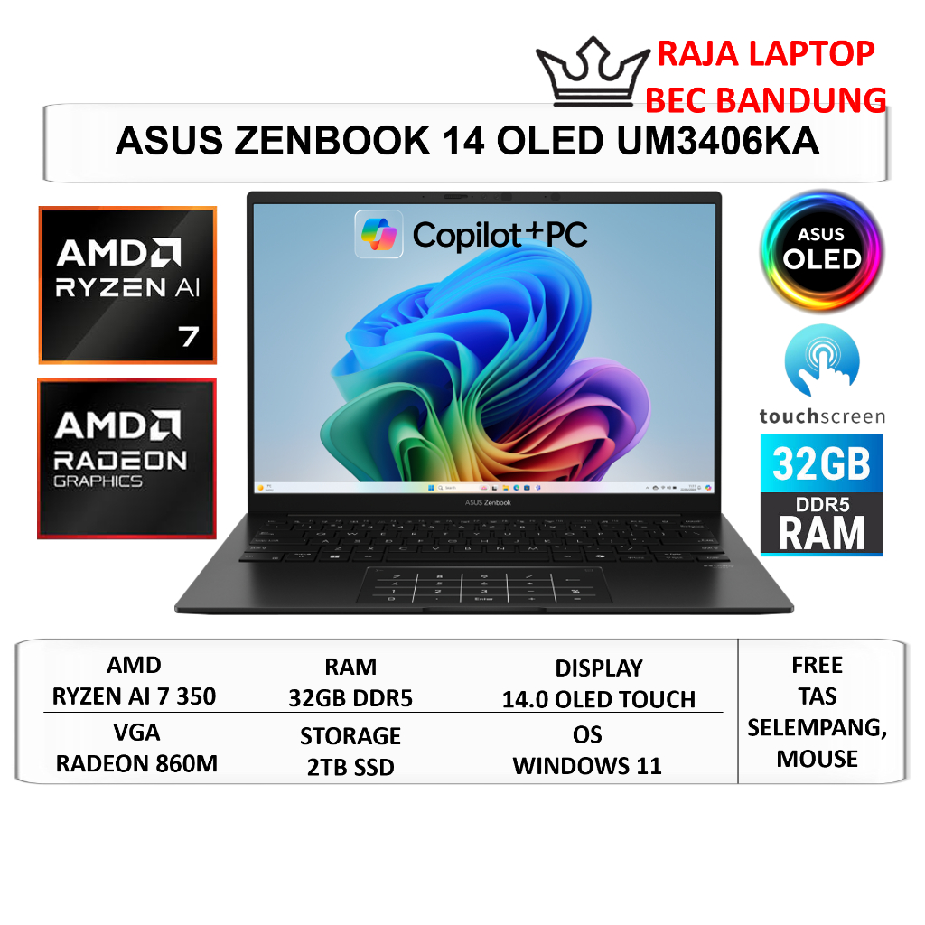 Jual Laptop Asus Zenbook 14 OLED UM3406 AMD Ryzen AI 7 350 32GB DDR5 2TB SSD 14" WUGA OLED Touchscreen | Shopee Indonesia