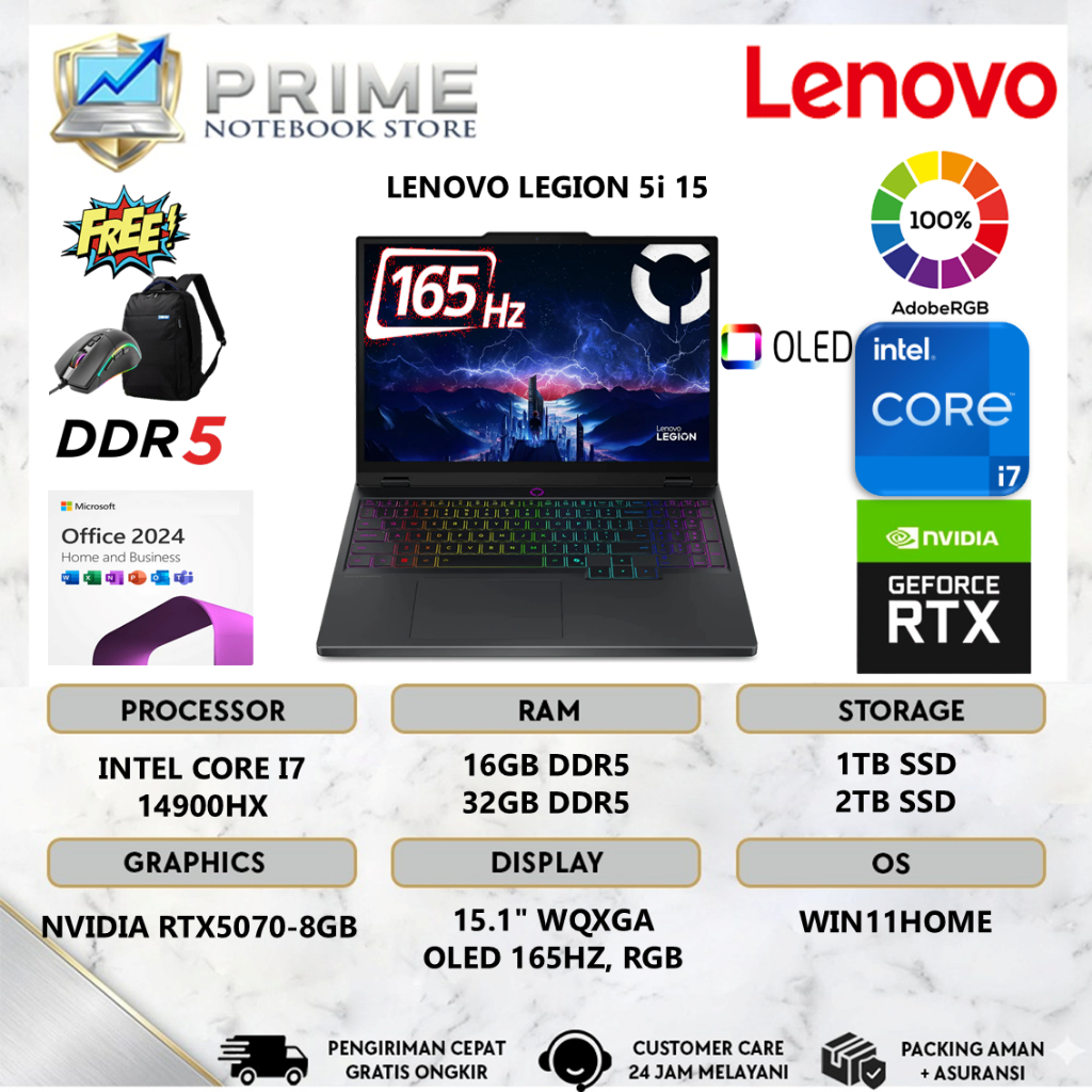 Lenovo Legion 5i 15 Intel i9 14900HX RAM 32GB DDR5 2TB SSD RTX5070 8GB WQXGA OLED 165HZ RGB Win 11